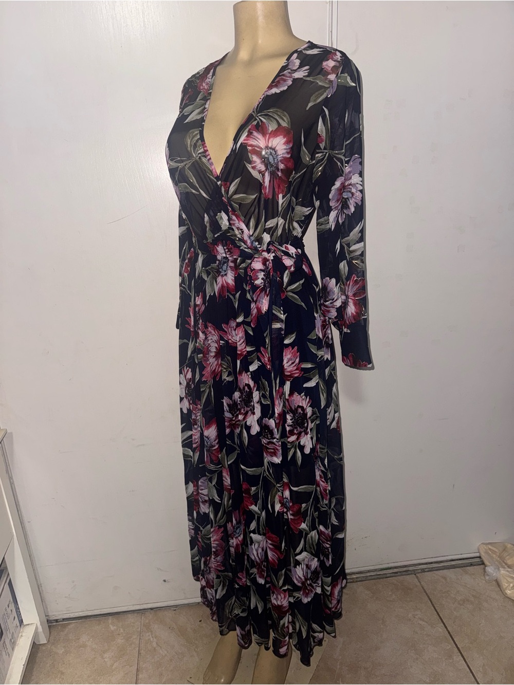 Black Floral Wrap Maxi Dress with Pink Blooms and Tie Waist - Picture 6 of 10
